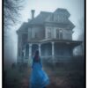 woman and haunted house poster