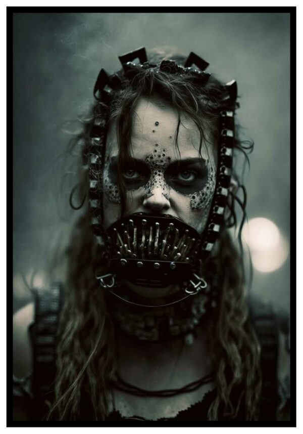 cartel de mujer con máscara de tortura en la cara