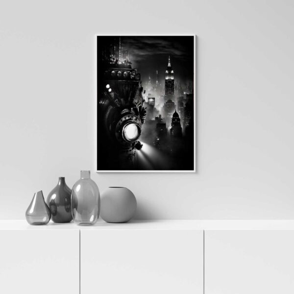 cartel steampunk blanco y negro