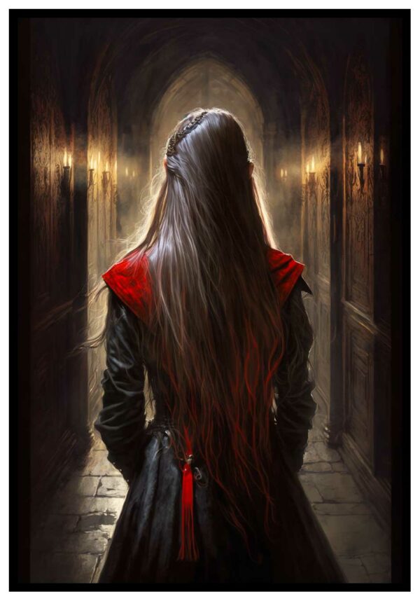 gotische poster met vrouw in rode jurk
