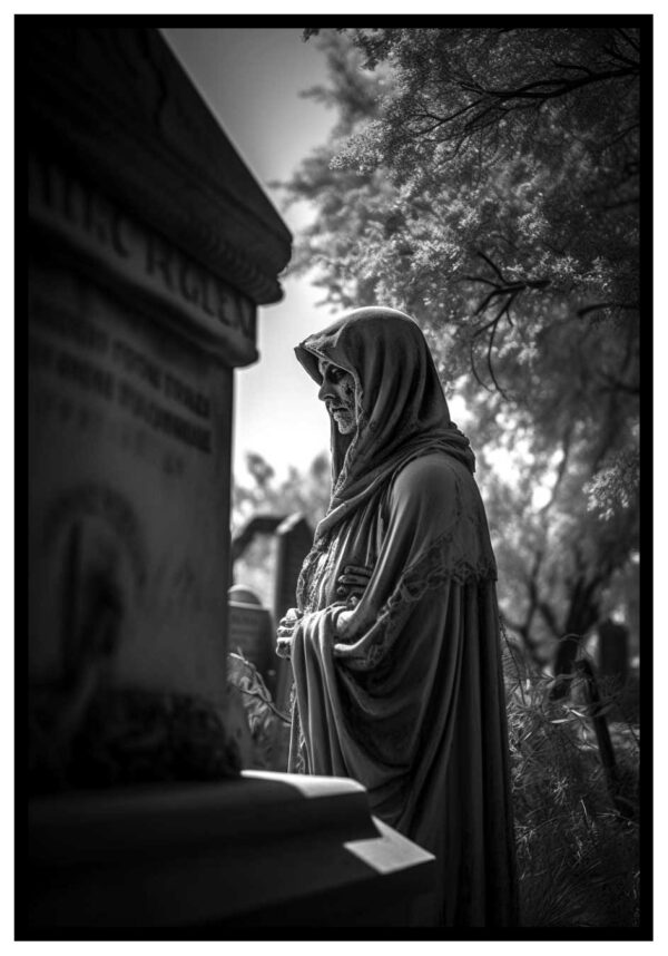 Statue im Friedhofspfosten