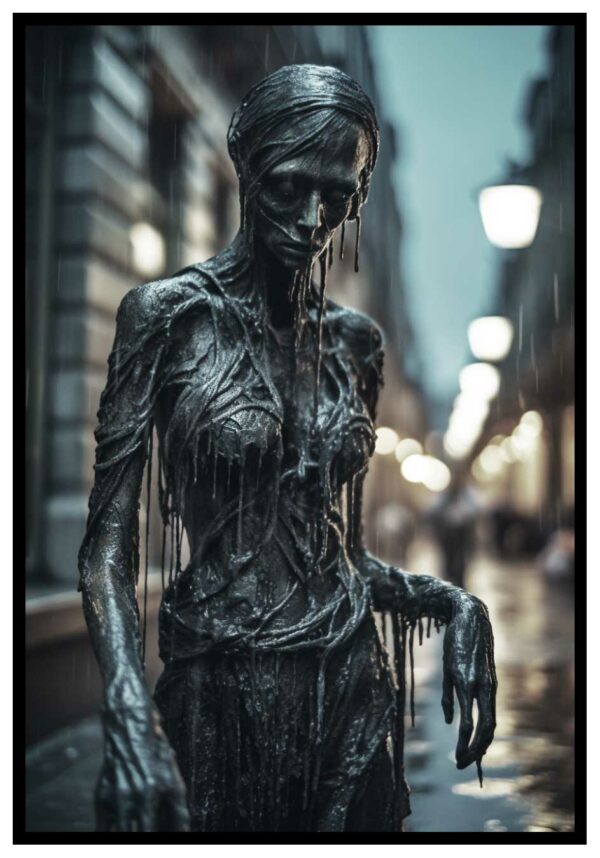 horrorposter met enge sculptuur
