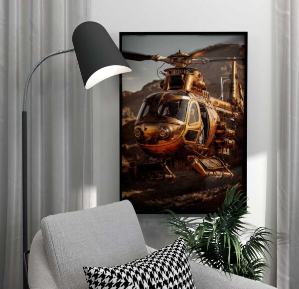 Hubschrauber im kupfernen Steampunk-Plakat