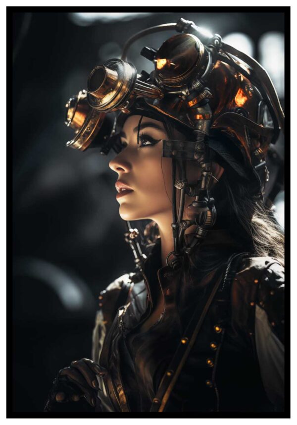 femme avec affiche de casque steampunk