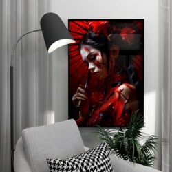 red geisha poster and umbrella