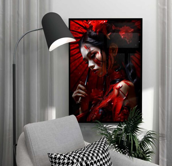 red geisha poster and umbrella