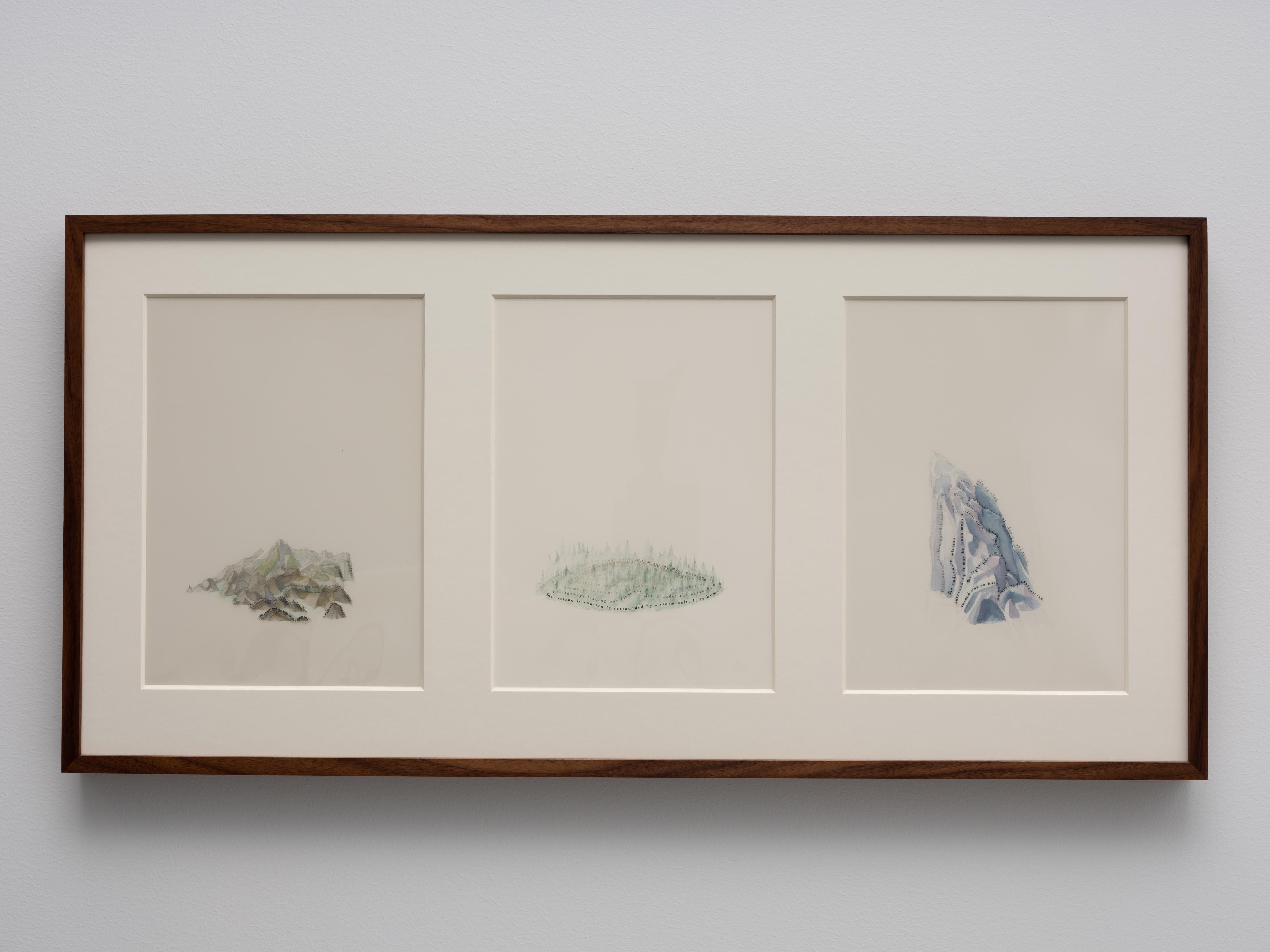 Johannes Heldén, Untitled Islands (XIII-XV), 2019, watercolours, pigment print on film, museum glass, walnut frame, 40 x 82 cm