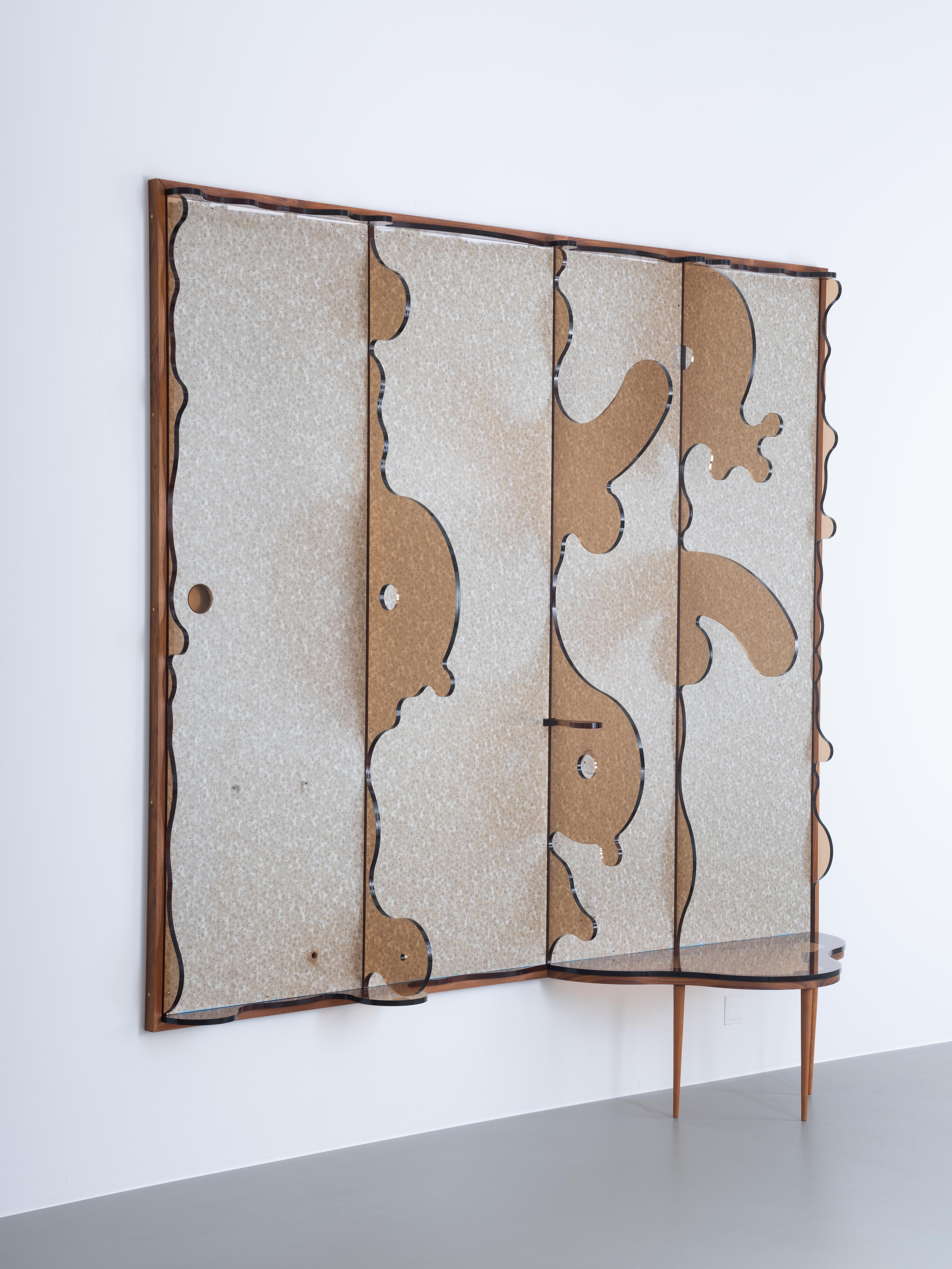 Clay Ketter, Persson’s Dream, 2019, formica laminate on plywood, wood frame, laser-cut acrylic sheet, teak, hardware, 245 x 248 x 58 cm
