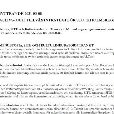 SITE avger gemensamt remissvar med Klump och Transit Kulturinkubatorer om Region Stockholms Näringslivs- och Tillväxtstrategi