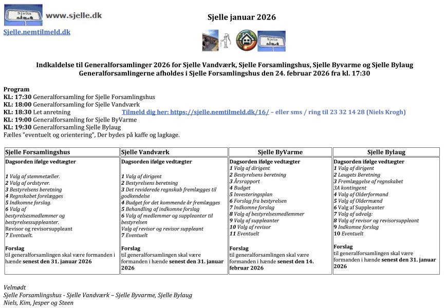 Indkaldelse til Generalforsamlinger i Sjelle