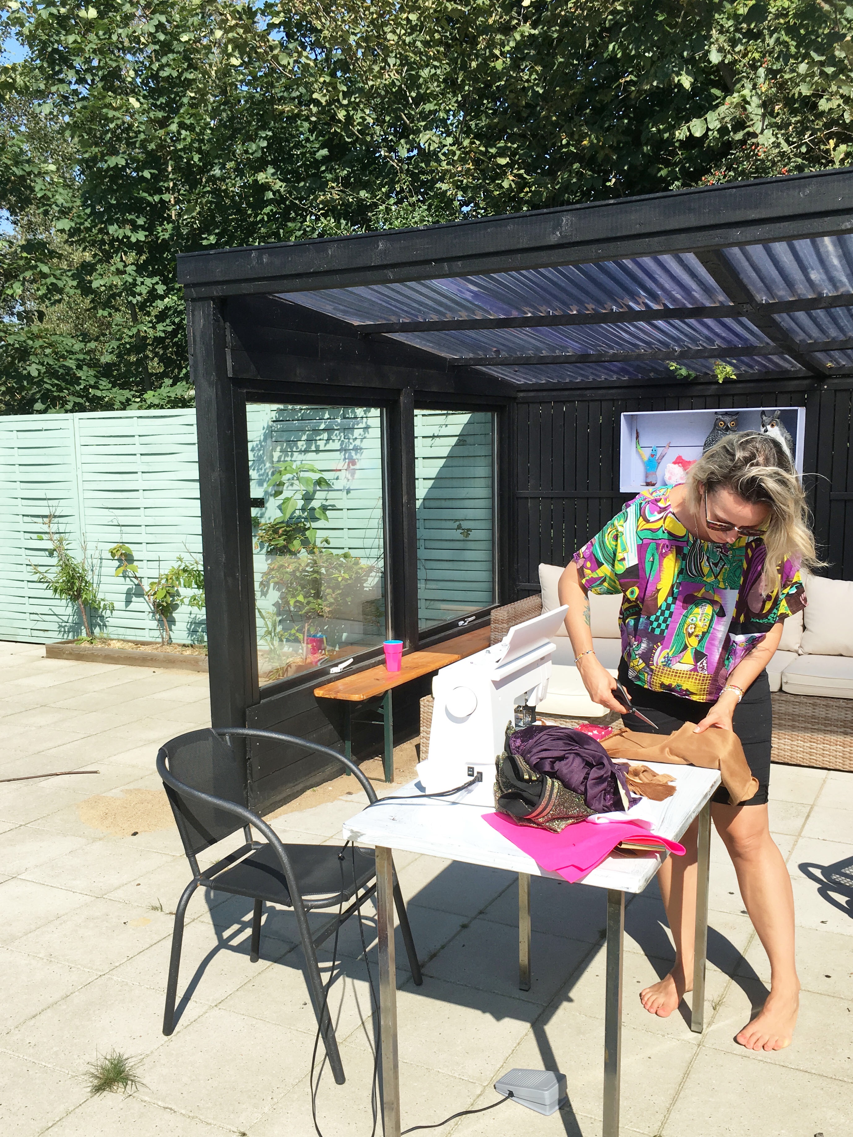 Sewing faux fur outside in the sun