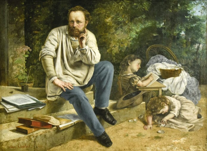 Pierre-Joseph Proudhon and his children in 1853 - Petit Palais Paris. Painted in 1853 by Gustave Courbet (1819-1877). Photo taken and uploaded by Paul Hermans. Public Domain.