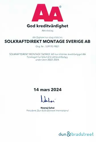 AA Certifikat för God Kreditvärdighet för Solkraft Direkt Montage AB