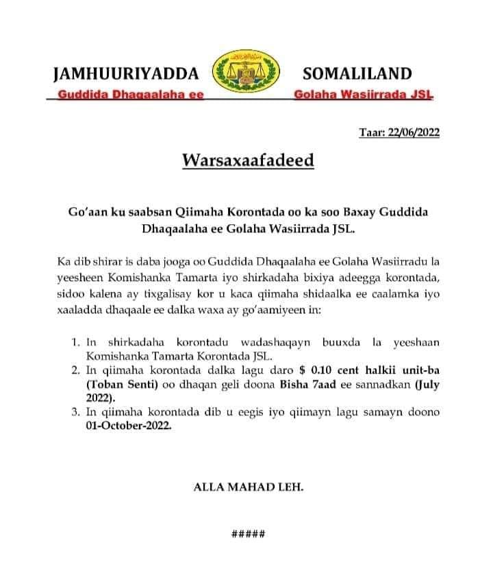 Xukuumadda Somaliland oo Jaan-goysay Korodhka Qiimaha Korontada