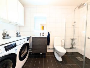 Badrum med tvättmaskin och dusch i bostad på Fendergatan