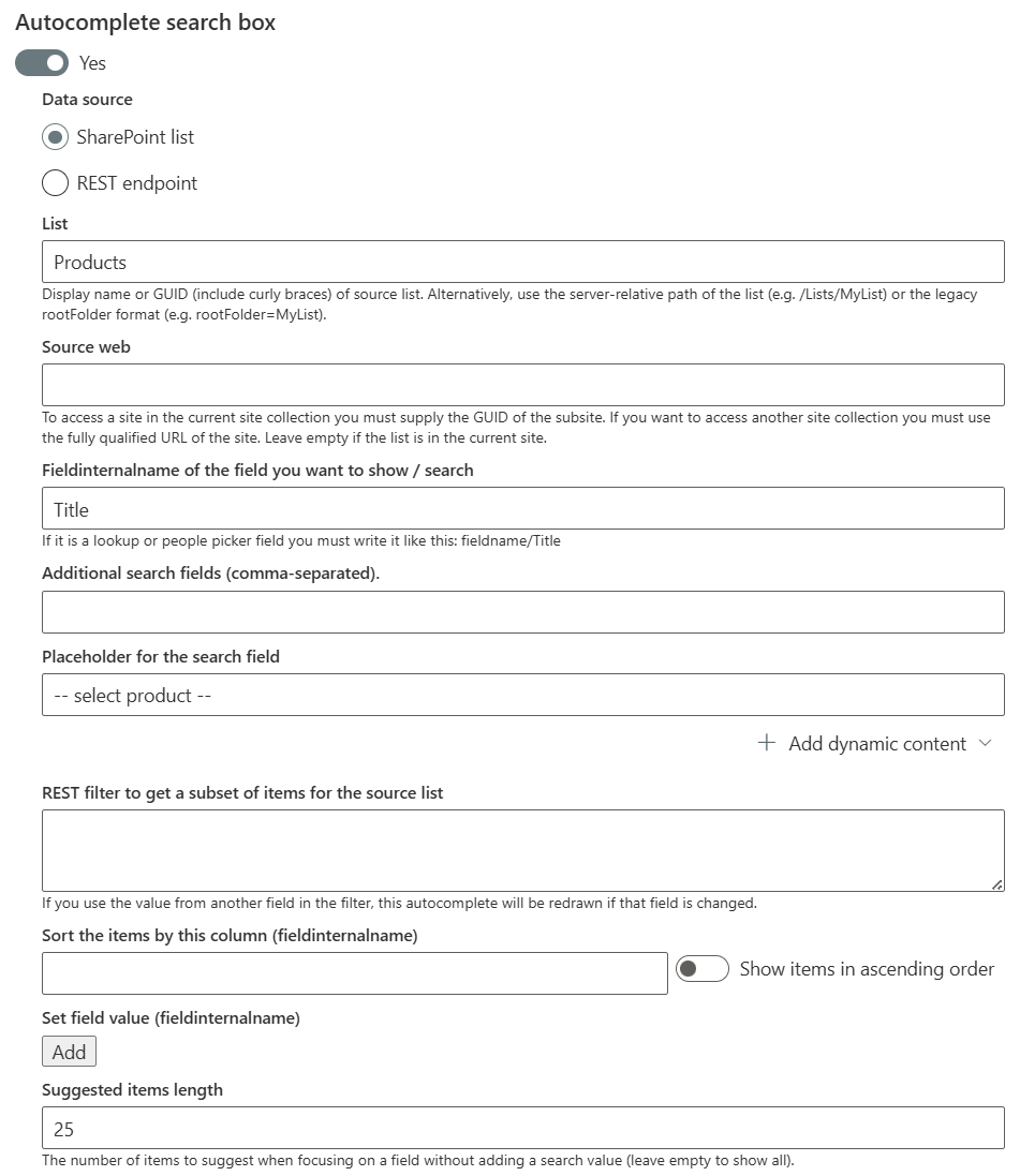 Autocomplete search box settings with SharePoint list selected: List set to Products, the search field set to Title, placeholder text "-- select product --", plus boxes for additional search fields, a REST filter, sorting, setting other field values, and a suggested-items length of 25.