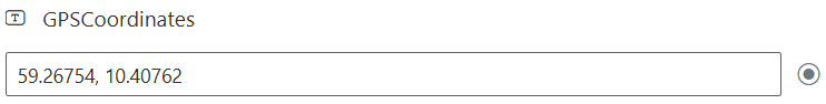 A GPSCoordinates field on the form holding a latitude and longitude pair, with a capture button to its right.