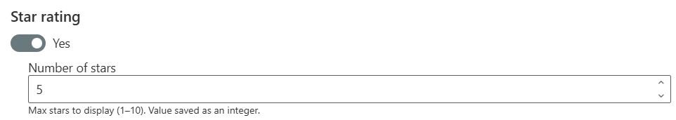 Star rating settings: a Yes toggle and a Number of stars box set to 5, noted as one to ten with the value saved as an integer.