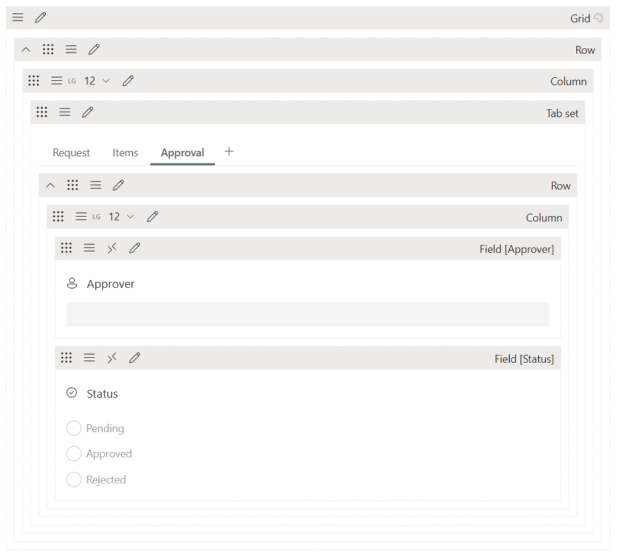 The builder canvas after a field is added: the Approval tab now holds an Approver field and, below it, a new Status field rendered as three radio options — Pending, Approved and Rejected.