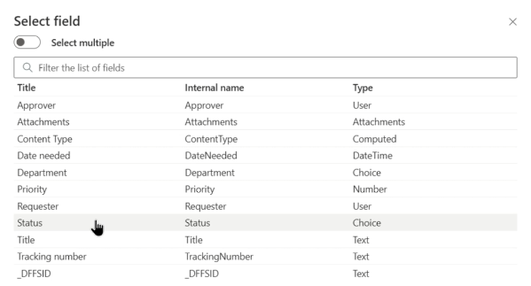 A Select field dialog with a filter box, listing the list's columns in a table of display name, internal name and type, with one row highlighted under the pointer.
