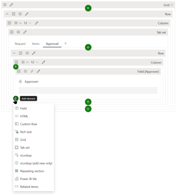 The form builder with an Add element menu open inside a column, listing Field, HTML, Custom Row, Rich text, Grid, Tab set, vLookup, Repeating section, Power BI tile and Related items.