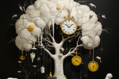 White tree with yellow sheep, melted clocks and the feeling of time standing still