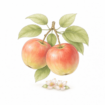 Botanical illustration of apples with leaves and blossoms