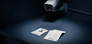 Monitoramento de colaboradores: crachá corporativo e câmera de segurança representando vigilância dentro dos limites da LGPD