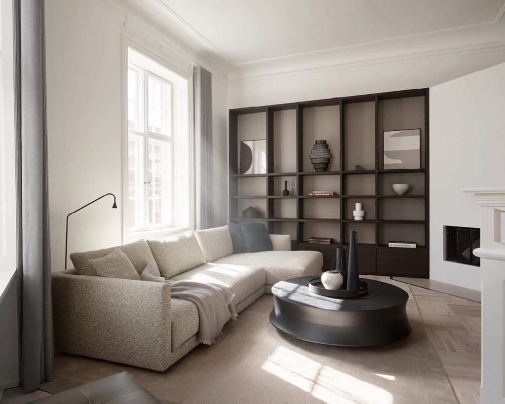 Lys, sofistikeret moderne stue med stor lys sektionssofa, skulpturelt mørkt ovalt sofabord og vægfyldende mørk træreol med minimalistisk indretning. Naturligt lys gennem store vinduer med grå gardiner, lyst tæppe og hvid pejs.