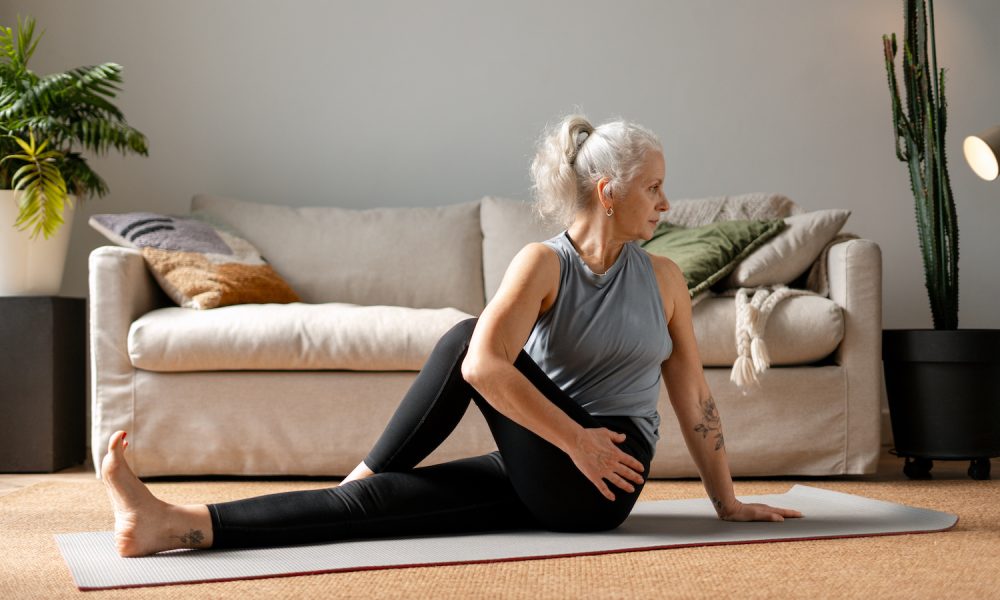 Senior woman with gray hair sitting on a yoga mat, performing a seated spinal twist posture in her bright living room, focusing on home fitness and healthy aging