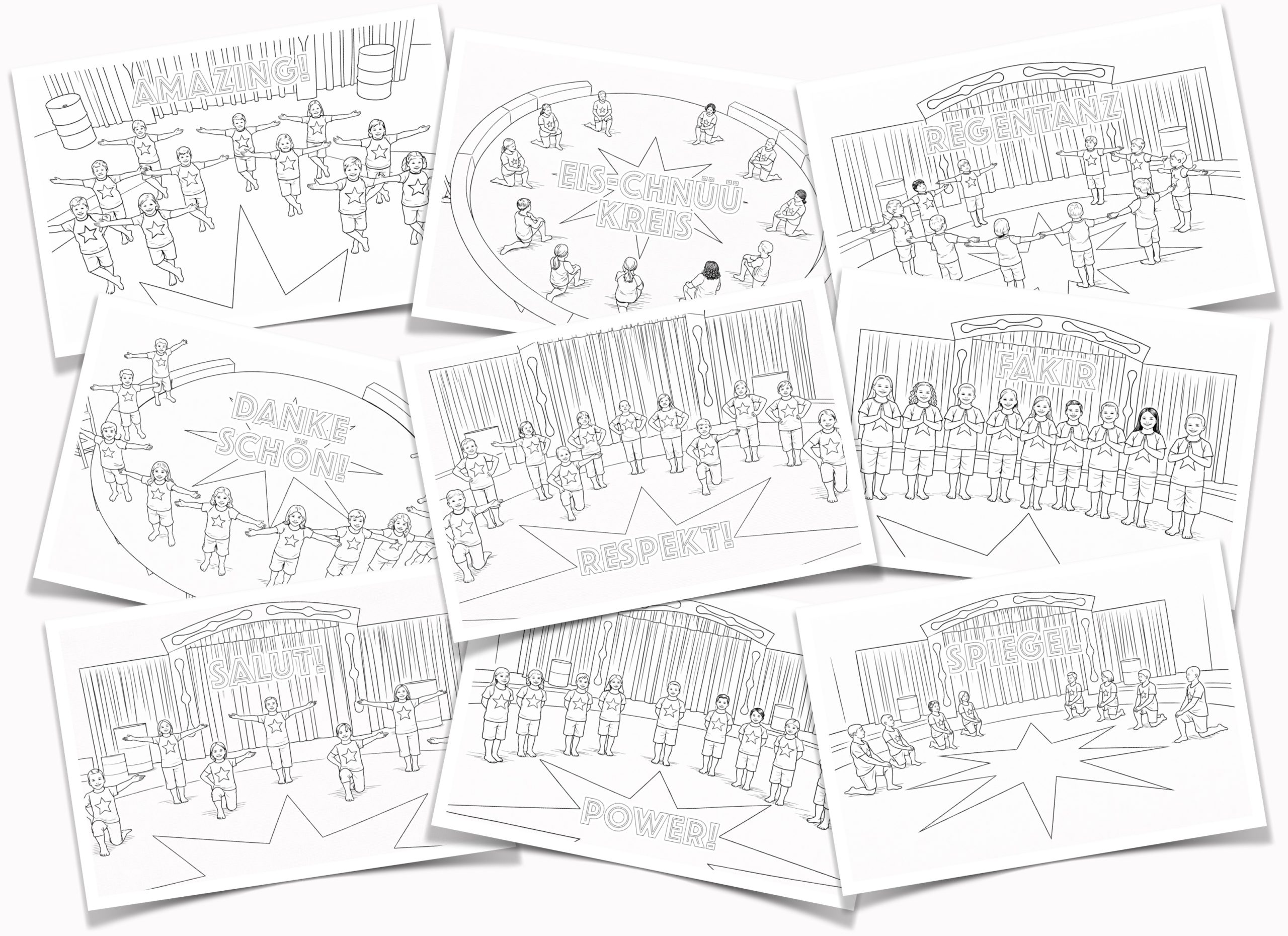 Illustrierte Collage verschiedener Kinderzirkus-Acts in Schwarz-Weiss