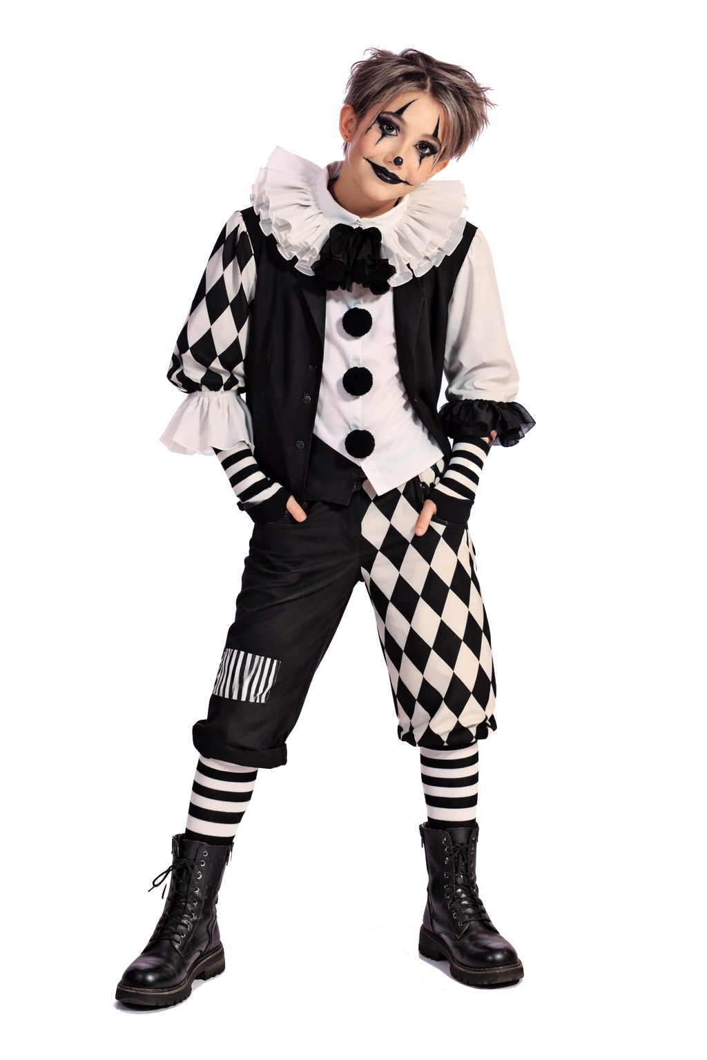 Harlekin-Charakter in schwarz-weissem Rautenkostüm mit Rüschenkragen – Kinderzirkus