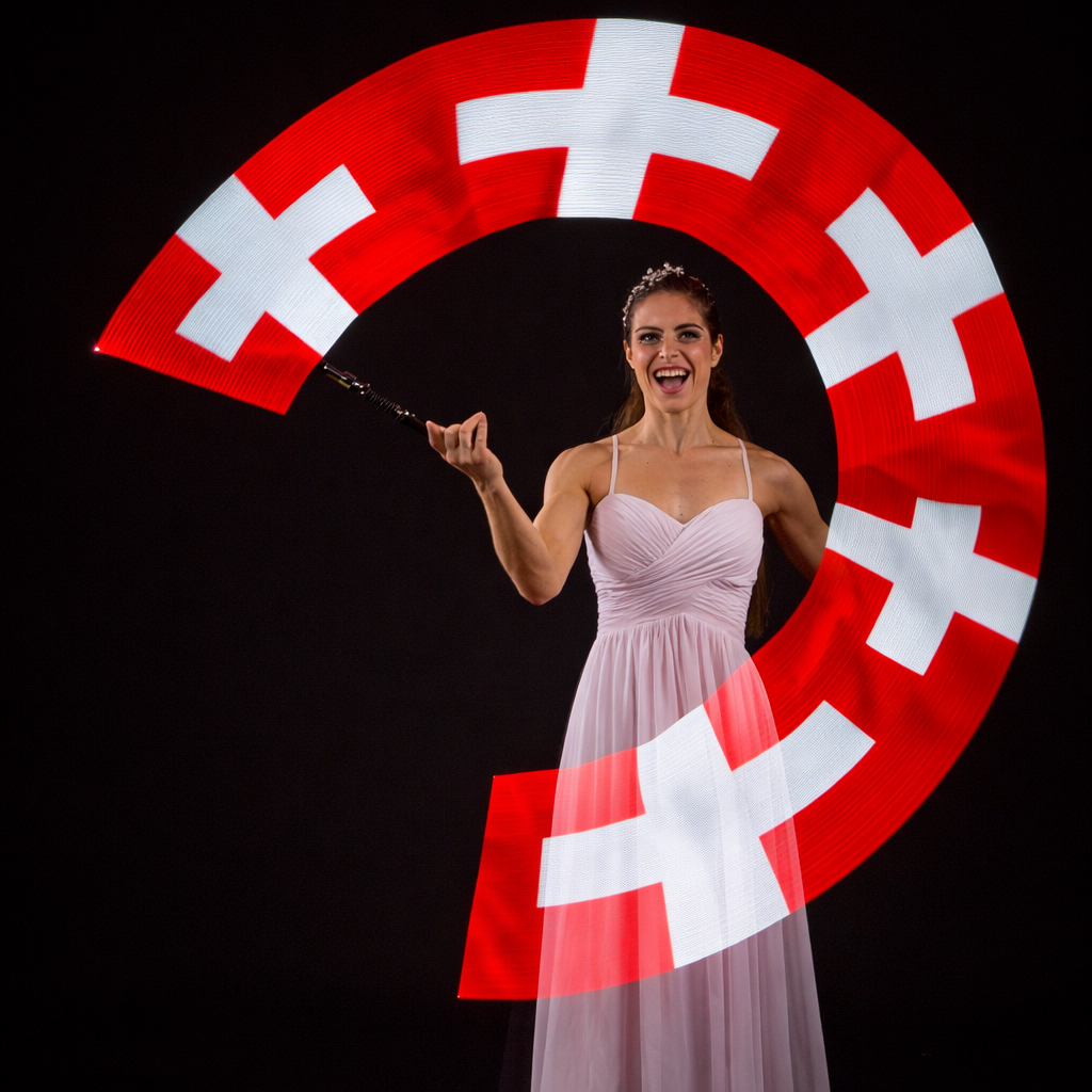 Performerin mit leuchtendem LED-Fächer in Schweizer Kreuz-Design — LED Lichtshow Schweiz buchen