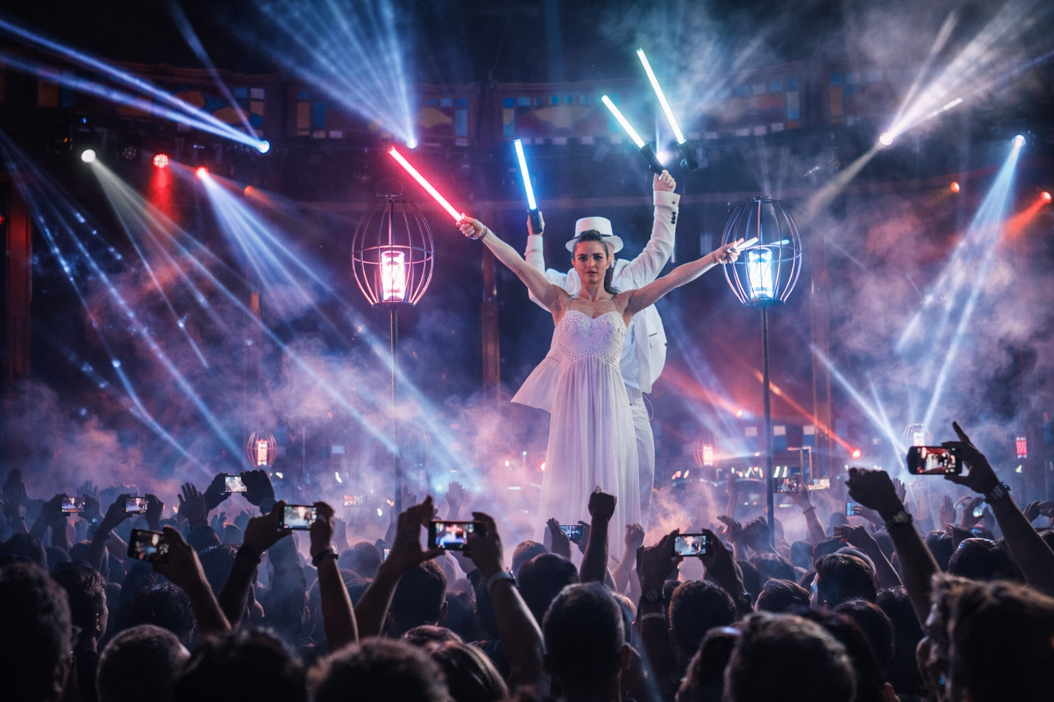 Performerin mit LED-Lichtstäben auf der Bühne vor grossem begeistertem Publikum — SuperShow Schweiz