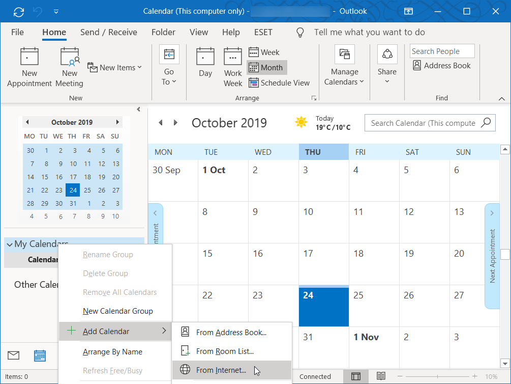 outlook 365 - Add calendar from Internet