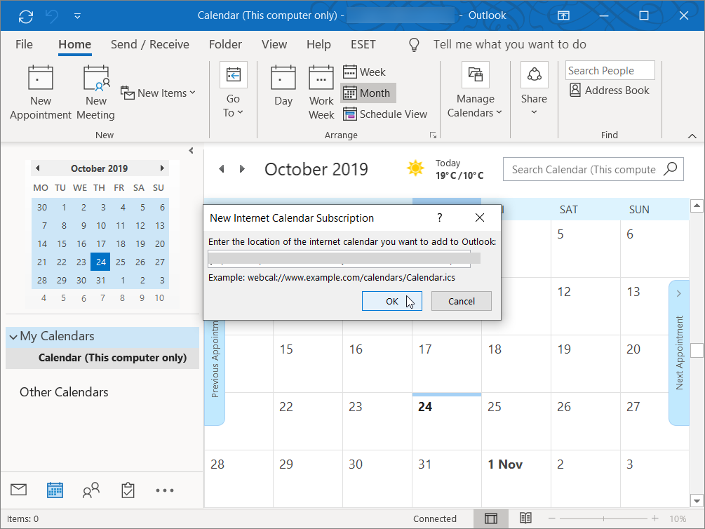 Outlook 365 - New Internet Calendar Subscription