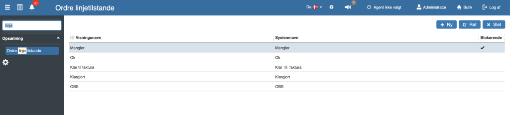 Denne linjetilstand kan give information om produktlinjen, f.eks. om at salget ikke kan gennemføres.