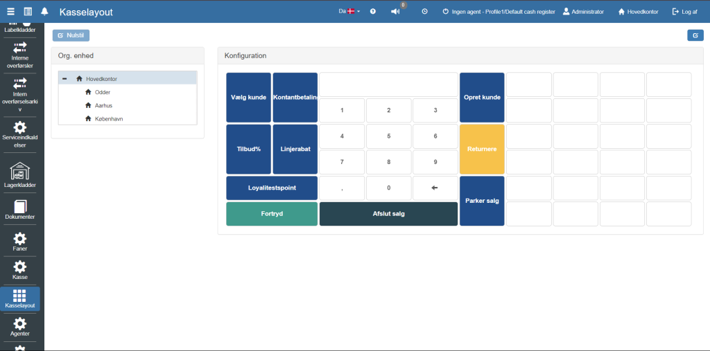 Som nævnt tidligere kan man ændre kasselayoutet for den enkelte organisatoriske enhed (butik). Du kan vælge den specifikke butik ved at klikke på den i venstre side (se billede).