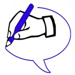 logo taalverhalen: schrijvende hand in tekstballon