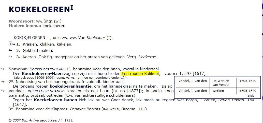 Vondels kalikoet in het Woordenboek der Nederlandsche Taal