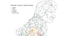 kaart van 'lange gehaktstaaf': frikadel, frikandel, curryworst, hamburger, lange hamburger