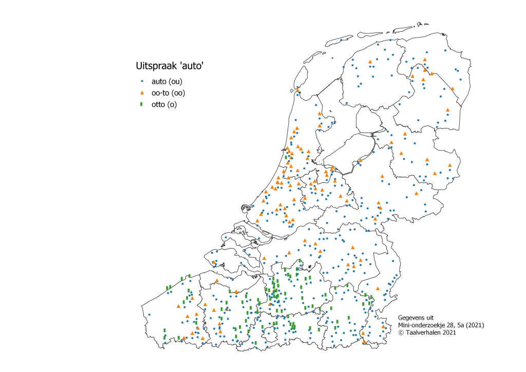 Taalkaart auto (hele taalgebied), oo-to (frequent Nederland en verspreid in Oost- en West-Vlaanderen), otto (frequent in Vlaanderen)