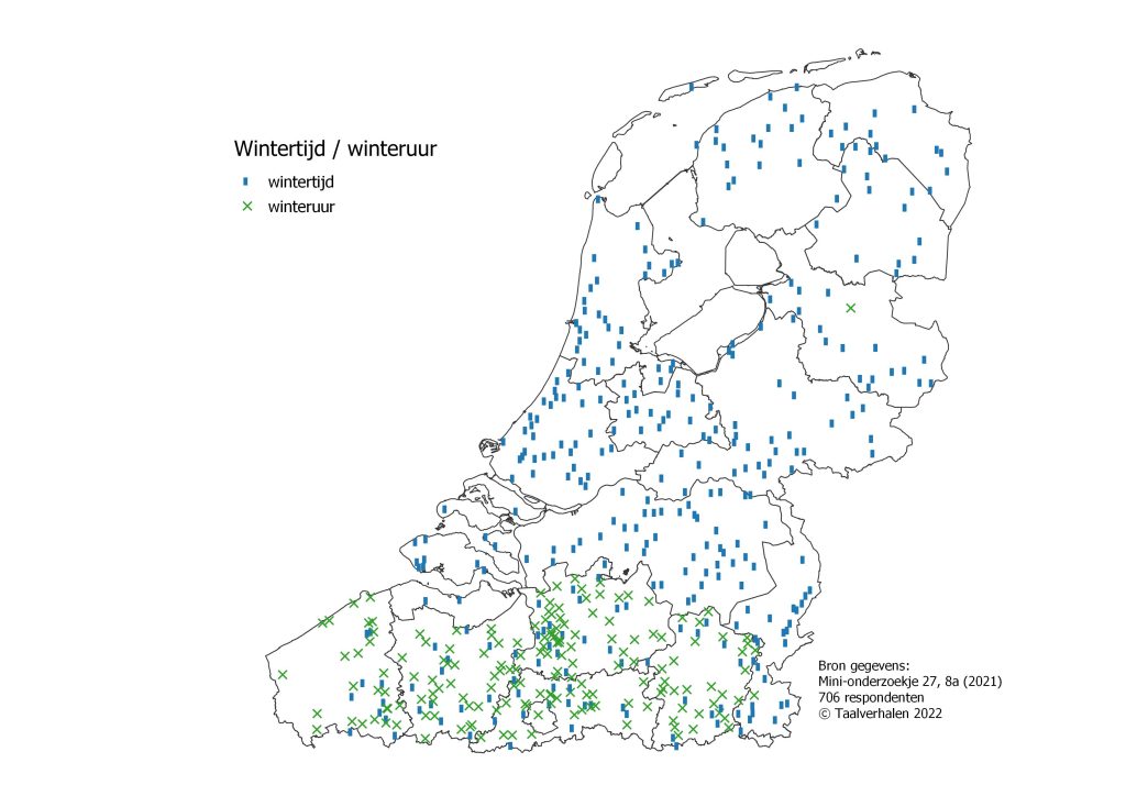 Taalkaart wintertijd (algemeen in Nederalnd en verspreid in Vlaanderen) en winteruur (algemeen in Vlaanderen)