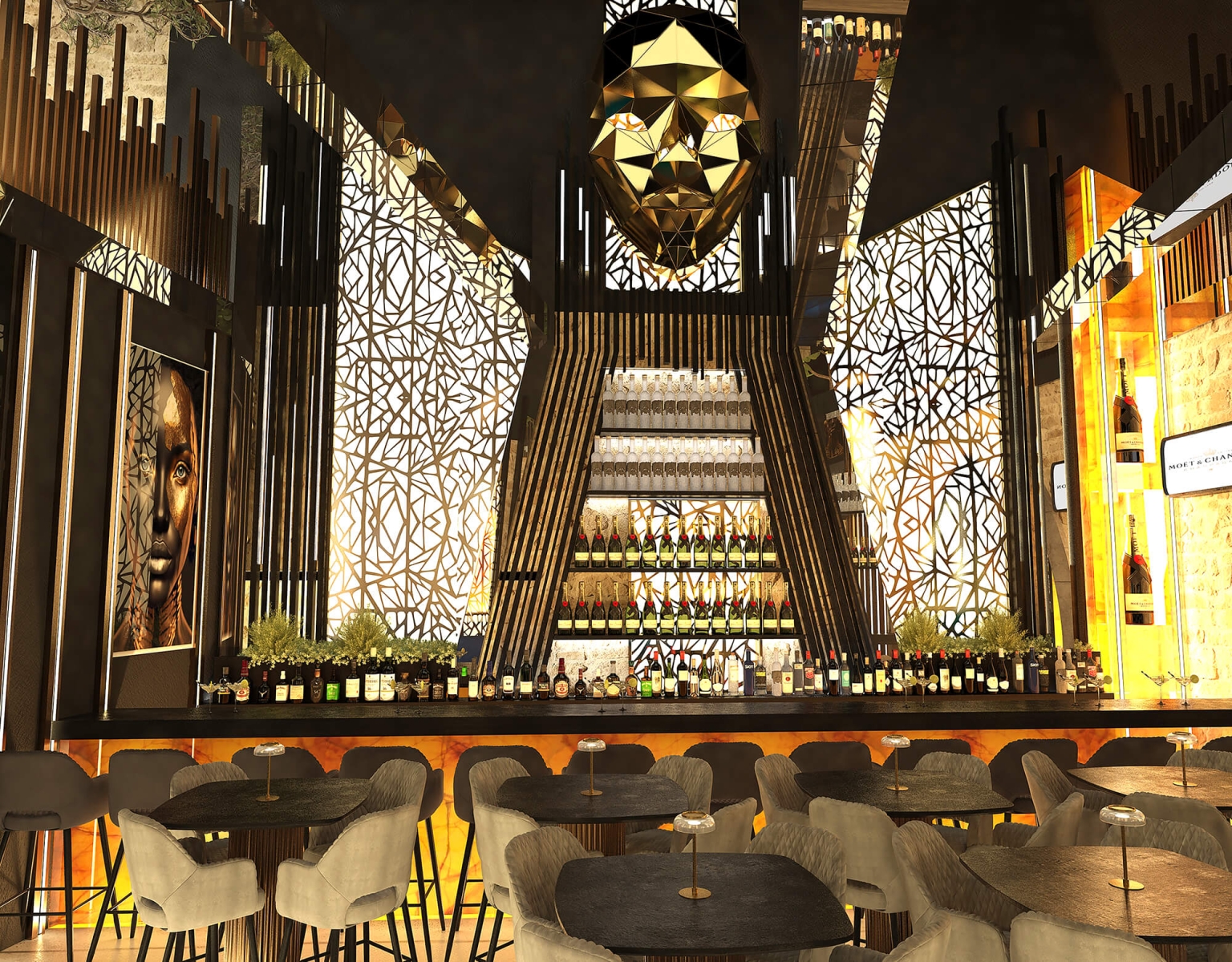 taiga luxury interior showing the bar seating and tables