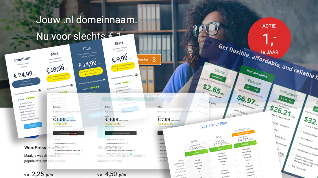 Collage met websites van hostingpartijen