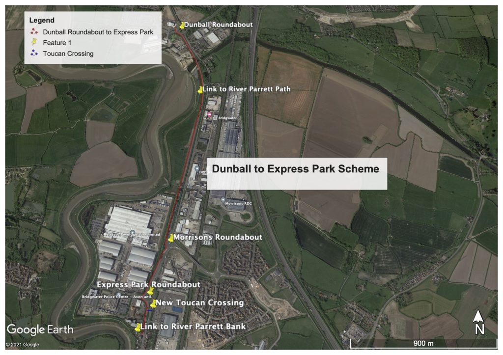 satellite image showing proposed cycle route between Dunball and Express Park