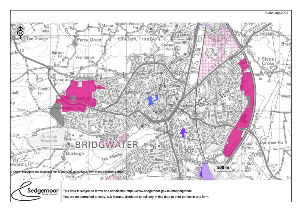 map of Bridgwater highlighting areas of proposed development