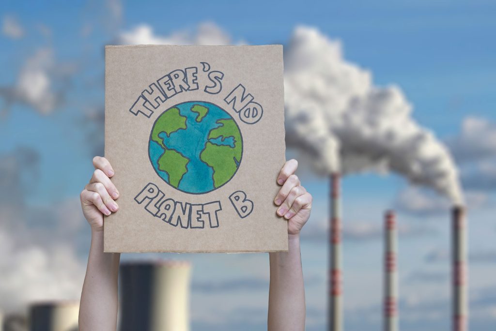 placard saying 'there's no planet b' held aloft in front of smoke stacks