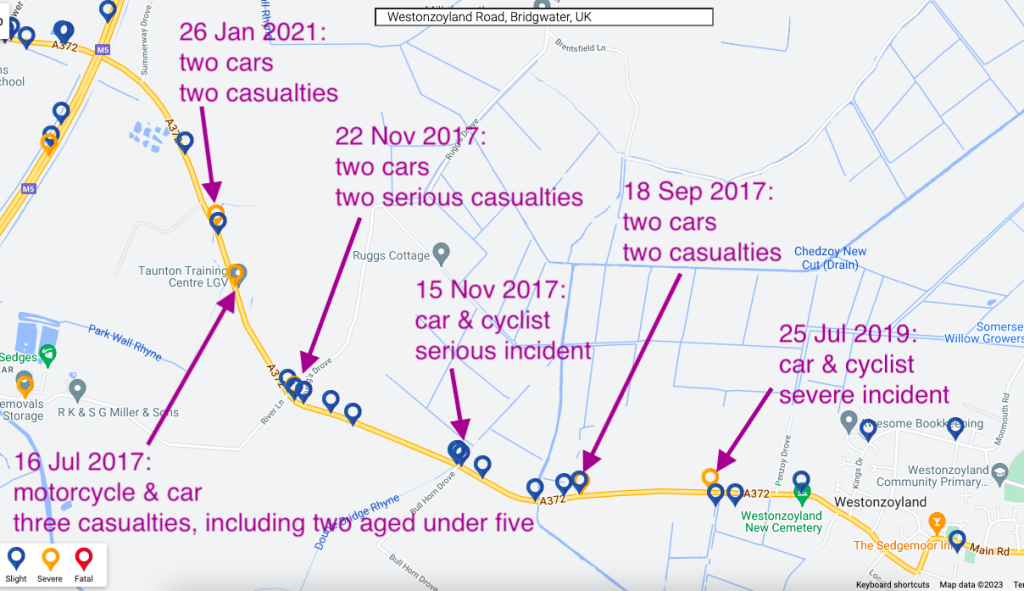 map showing collision sites on Westonzoyland Road 2013-2021