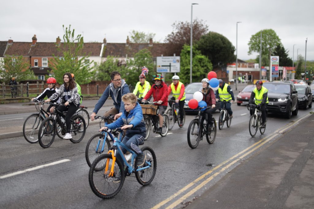people riding in a group as part of the Kidical Mass ride in Bridgwater